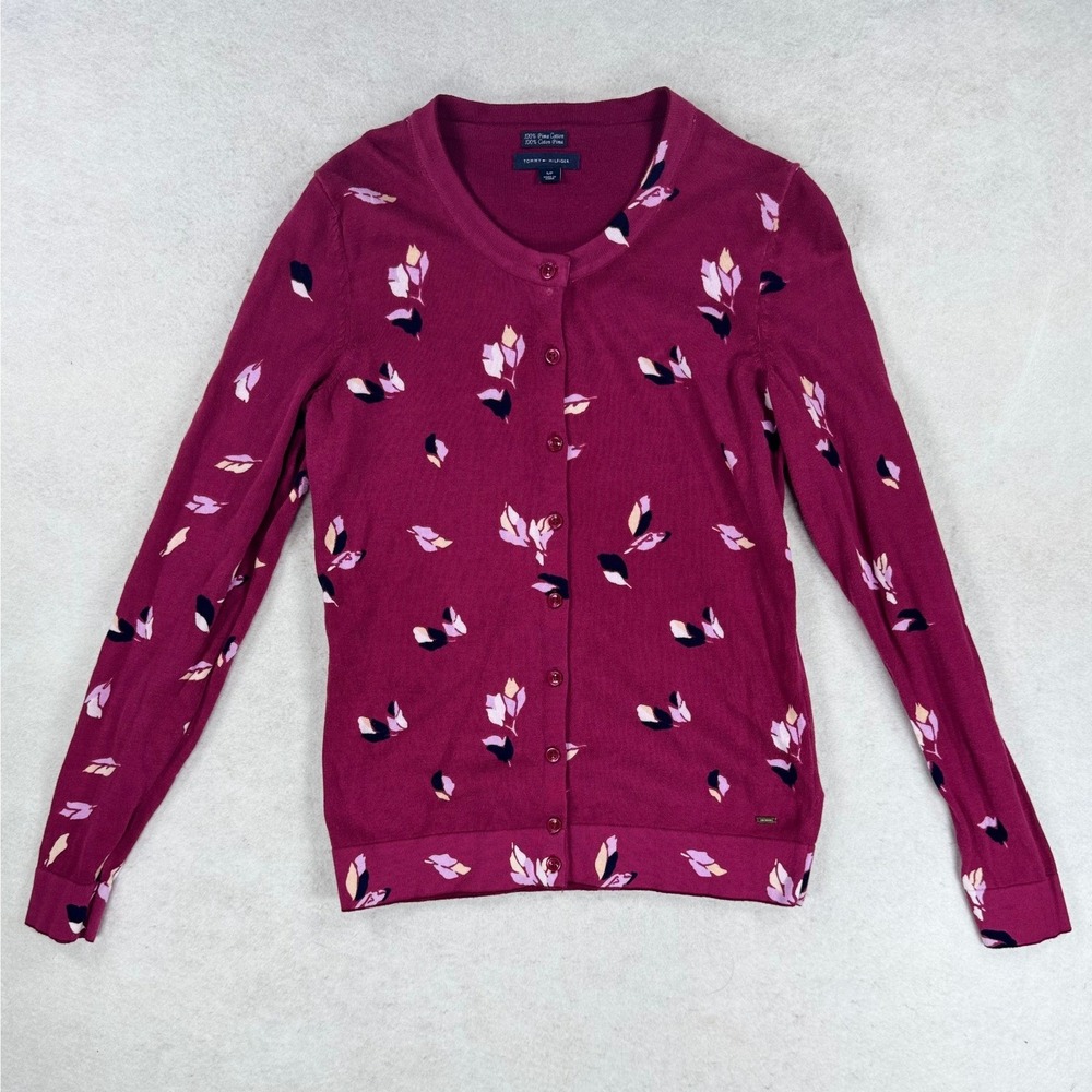 Tommy Hilfiger Womens Pima‎ Cotton Floral Cardigan Sweater Burgundy Wine Small - Picture 2 of 9